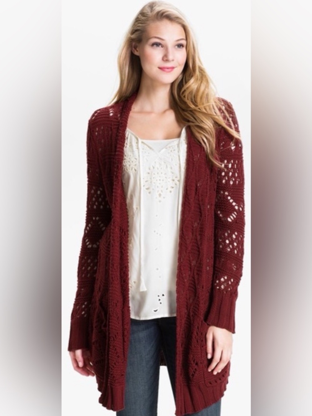 LUCKY BRAND Huntington Crochet Cardigan Sweater Size L in Red